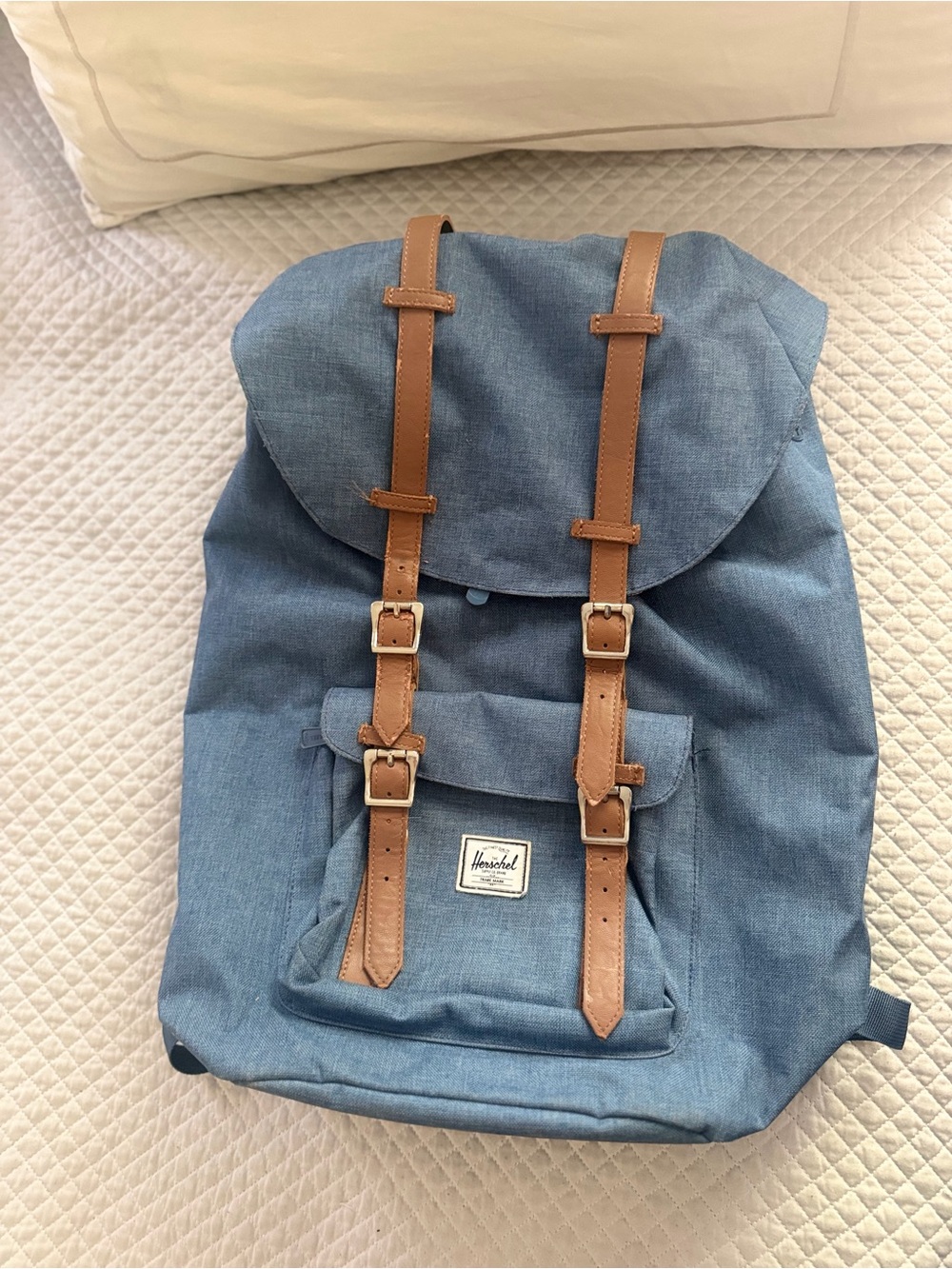 Little America Denim Blue Backpack with Brown Straps